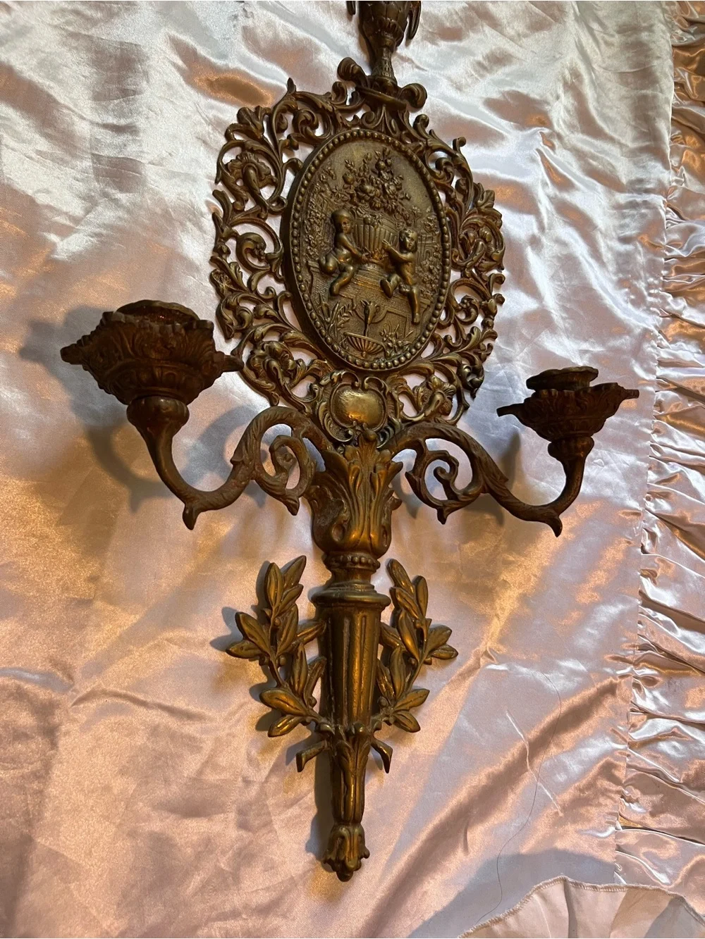 Antique Victorian Age Gold Ornate Cherub Wall Candle Sconce 2ft tall